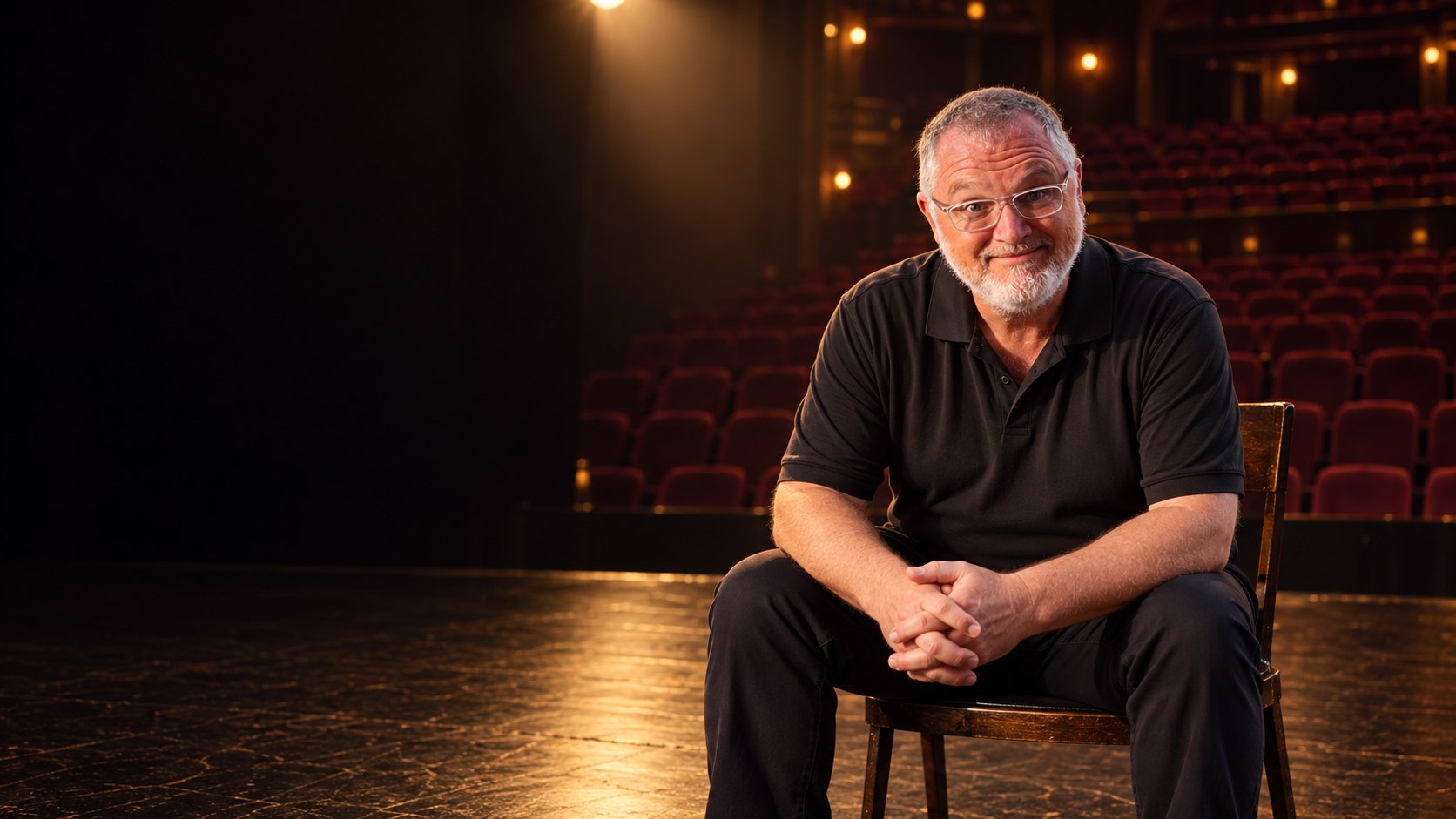 Gary Hemmings sitting alone in an empty theatre under a single spotlight