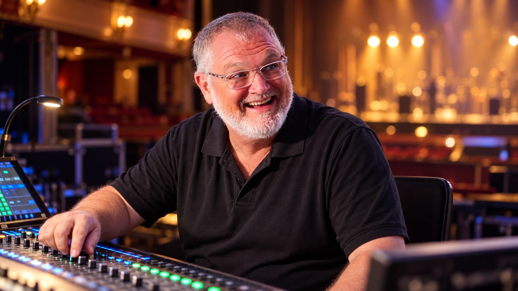 Creative portrait of Gary laughing at a mixing desk